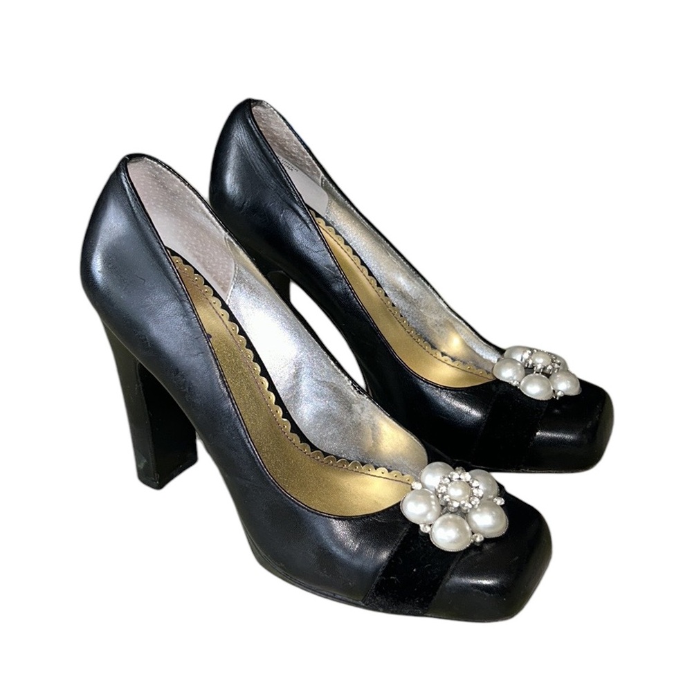 Hale Bob Black Leather Embellished Rhinestone Pearl Square Toe Chunky Heels - 8